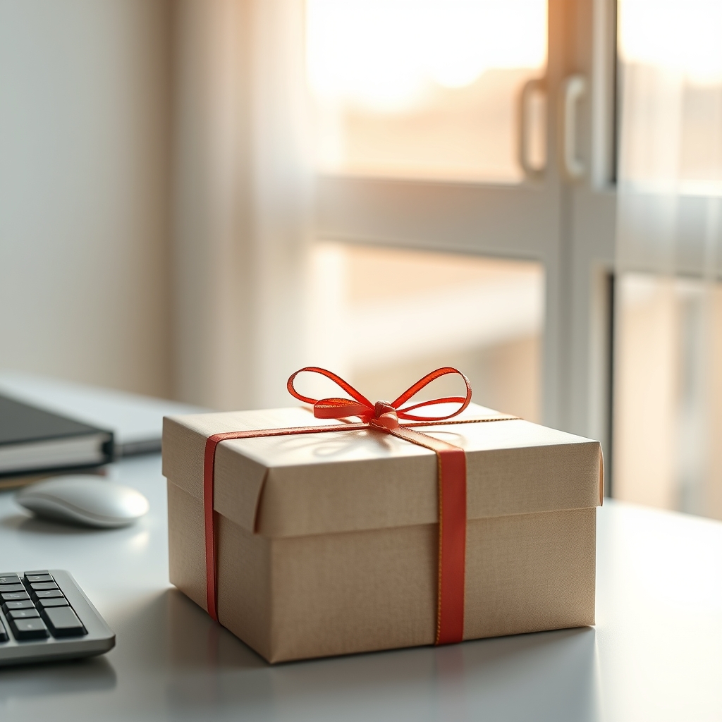 A beautifully wrapped gift box on a minimalist desk, with soft morning light filtering through a window, evoking a feeling of anticipation and delight.