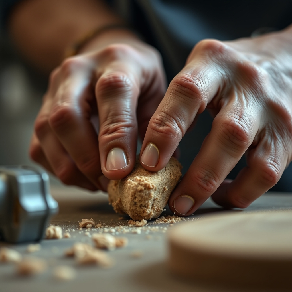 Close-up of hands carefully crafting a product, with focus on texture, detail, and the intention behind the creation.