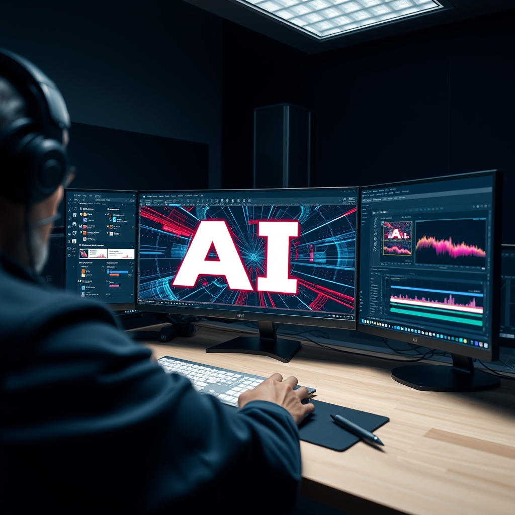 A designer's workspace where an AI-generated motion graphic is being refined and composited with other elements in traditional design software, showing a collaborative workflow.