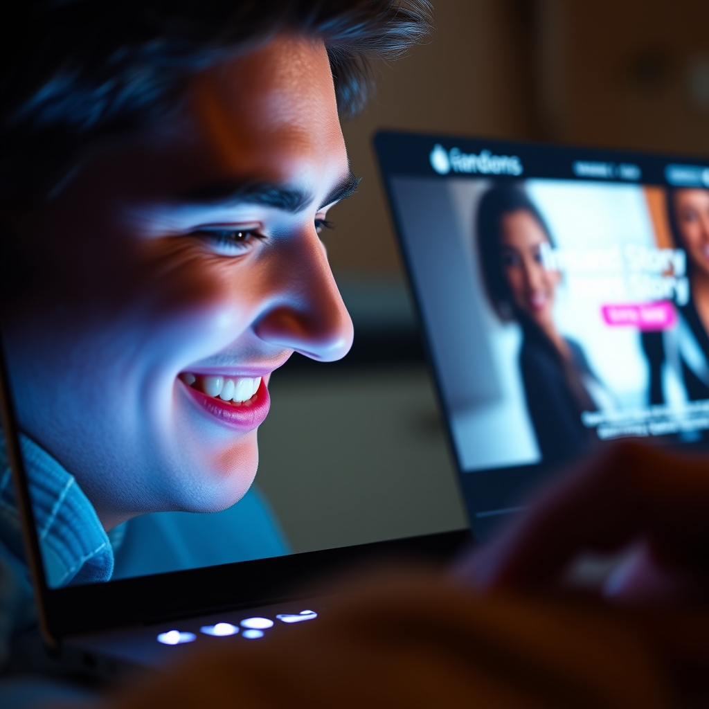 Close-up of a person's face lit by the glow of a laptop screen, showing a reflective smile while watching an inspiring brand story video on a website.