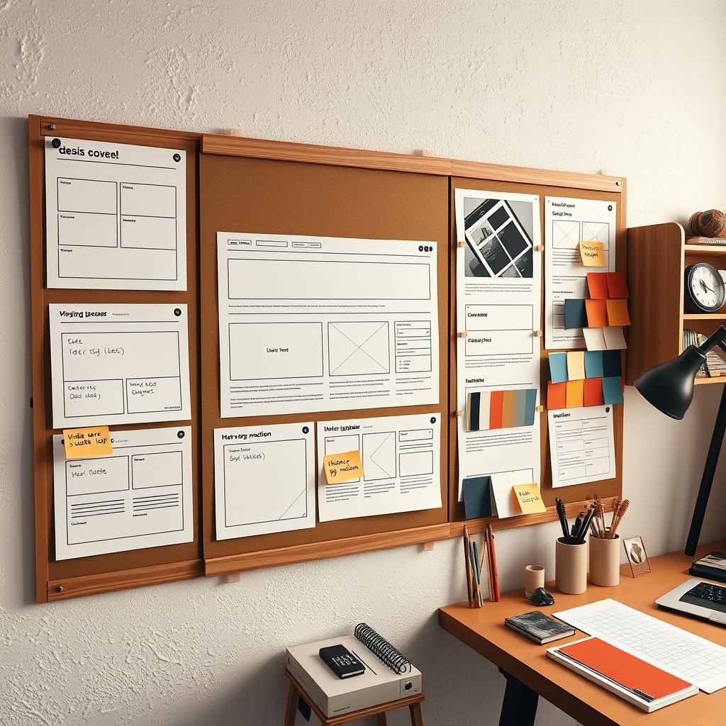 A designer's workspace with a mood board on the wall, featuring website wireframes with notes like 