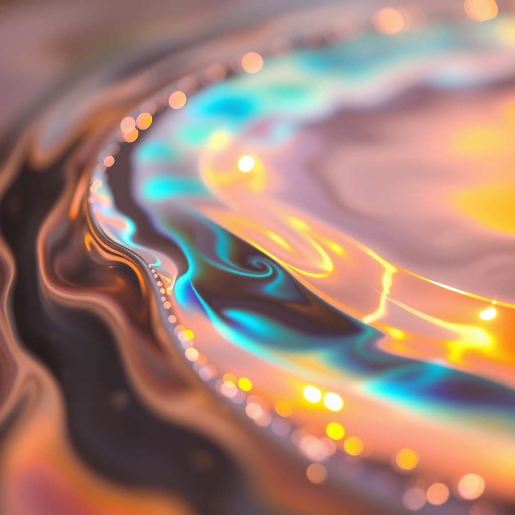 Macro shot of iridescent oil and water mixture, creating slow, dreamy waves of rainbow color under warm sunlight, shallow depth of field, cinematic
