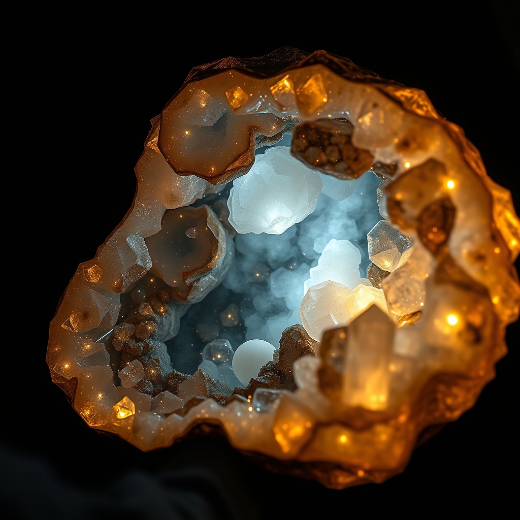A glowing geode or crystal cluster in a dark environment, with tiny sparkling lights and a nebula-like mist trapped inside, mystical and magical atmosphere