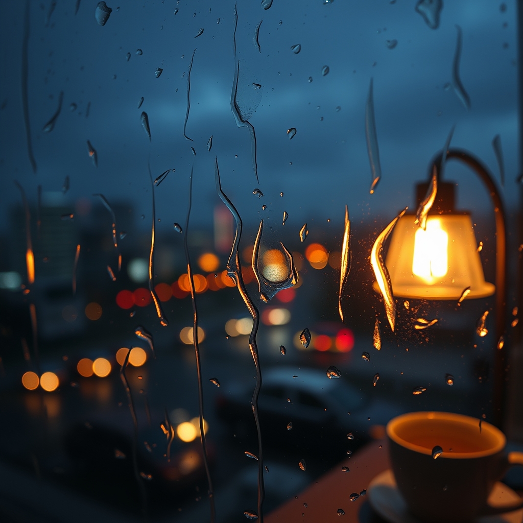 A close-up of a rain-streaked window at night, the blurred lights of a city outside, and the warm reflection of a dim indoor lamp and a coffee cup on the glass, melancholic and cozy