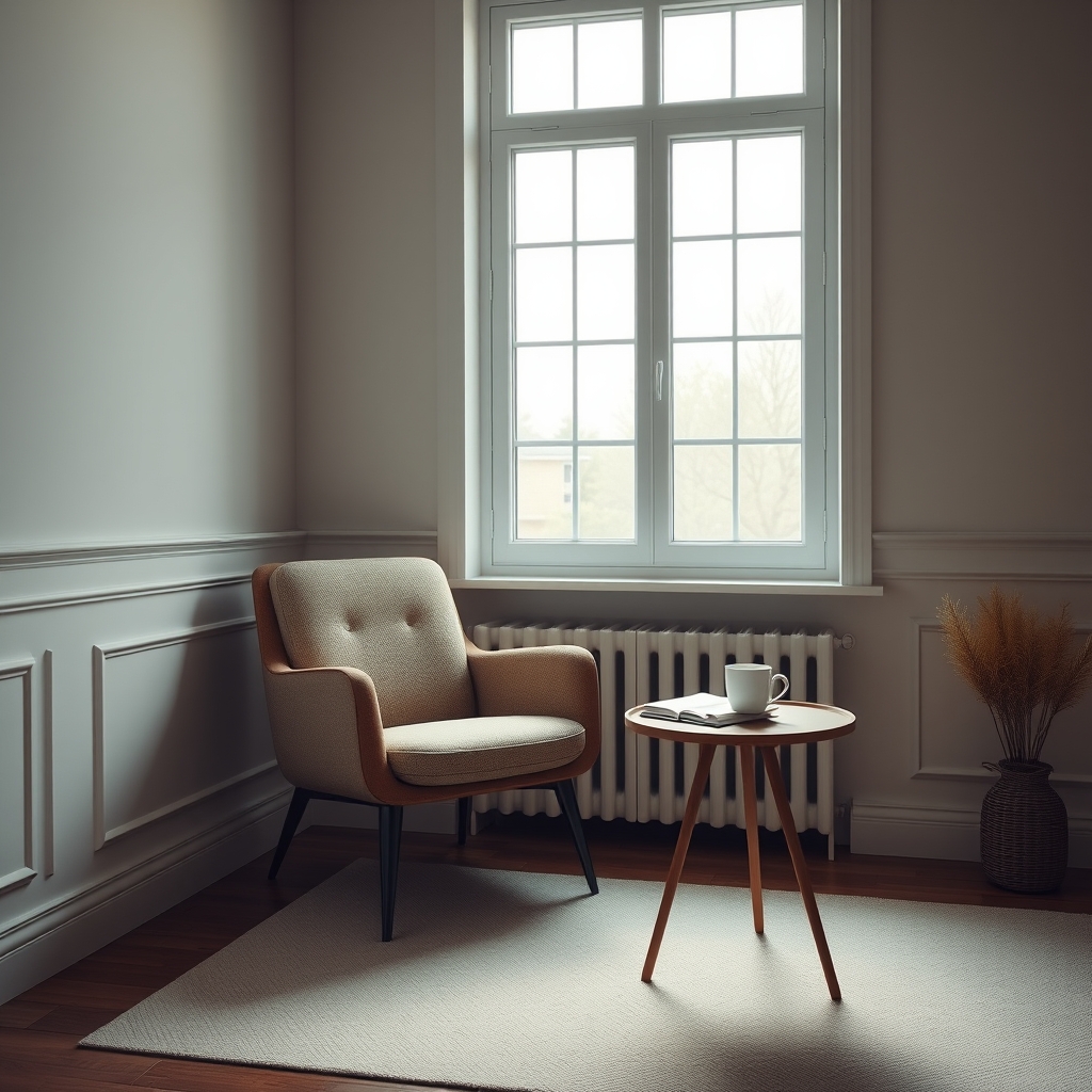 A serene, softly lit room with a single comfortable chair by a large window, a notebook and a cup of tea on a small table, embodying quiet contemplation.