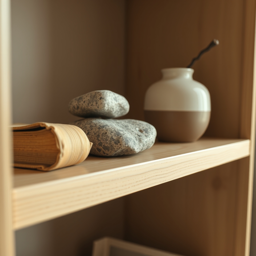 A close-up of a curated shelf with a few meaningful objects—a worn book, a smooth stone, a simple vase with a single branch—arranged with intentional space between them.