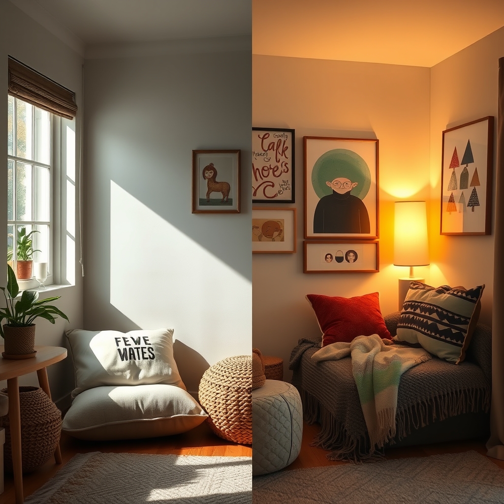 A cozy corner nook evolving over time, shown in a split-image: one side with a simple plant and cushion, the other side later enriched with personal art, a throw blanket, and warm lighting.
