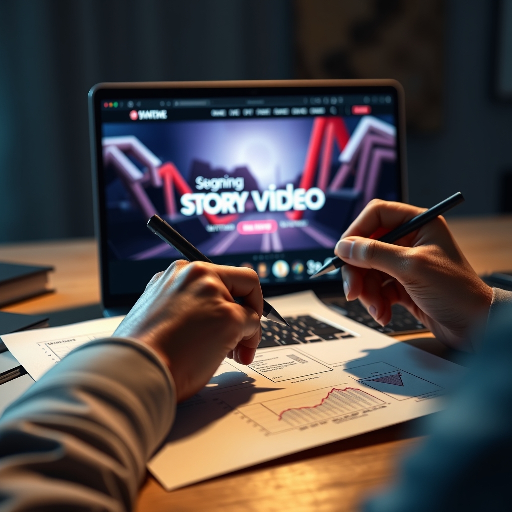 A close-up of a designer's hand sketching a storyboard, with a sleek laptop screen showing a stunning website hero video playing in the background, cinematic lighting.