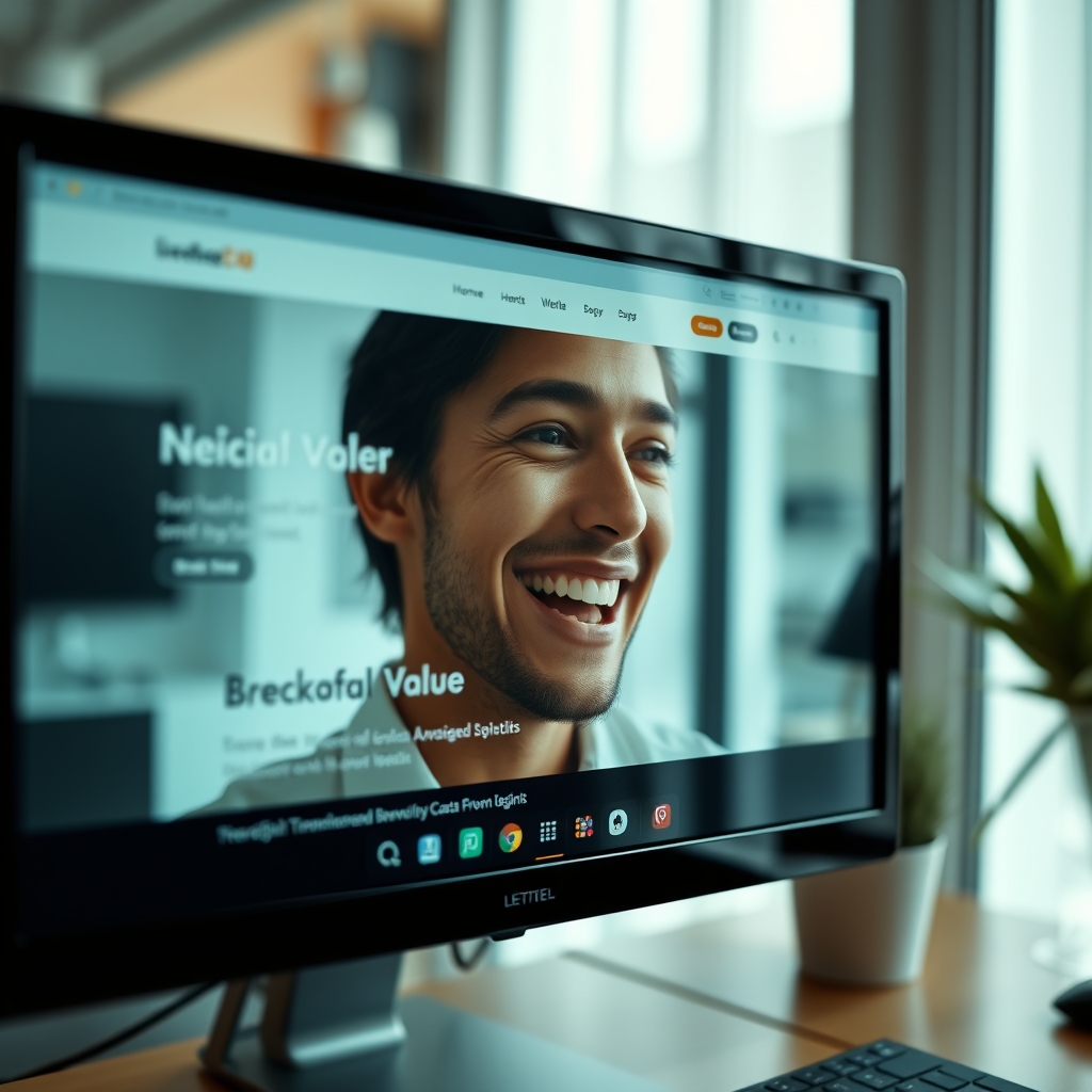 A split-screen showing a user's delighted face reflected on a monitor displaying a beautifully designed website with subtle, elegant animations.