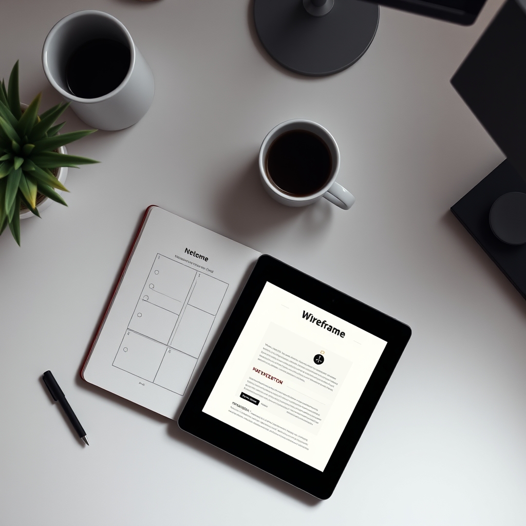 A top-down view of a minimalist desk with a coffee cup, a notebook open to a wireframe sketch, and a tablet showing a website's hero section with perfect visual balance.