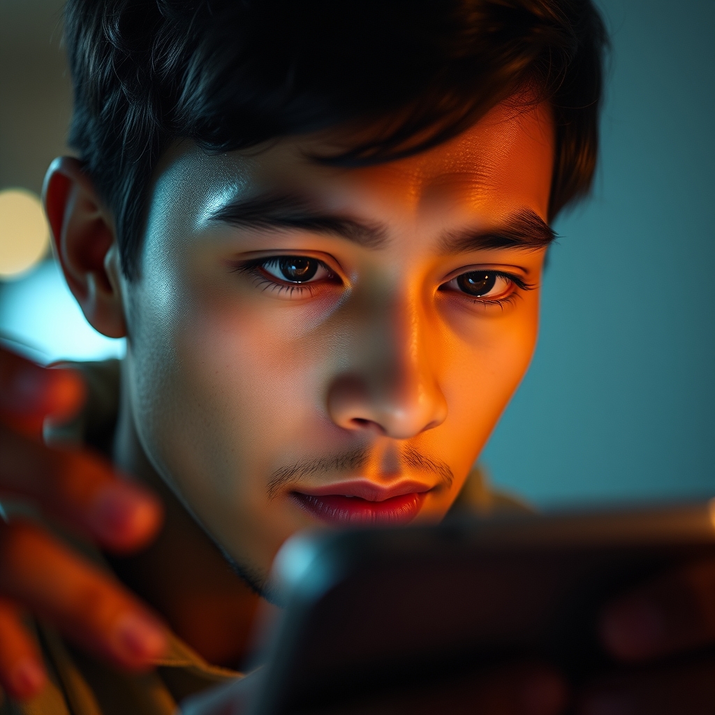 Close-up of a viewer's face illuminated by a phone screen, showing a captivated expression while watching a beautifully crafted video with compelling animated text and emotive visuals.