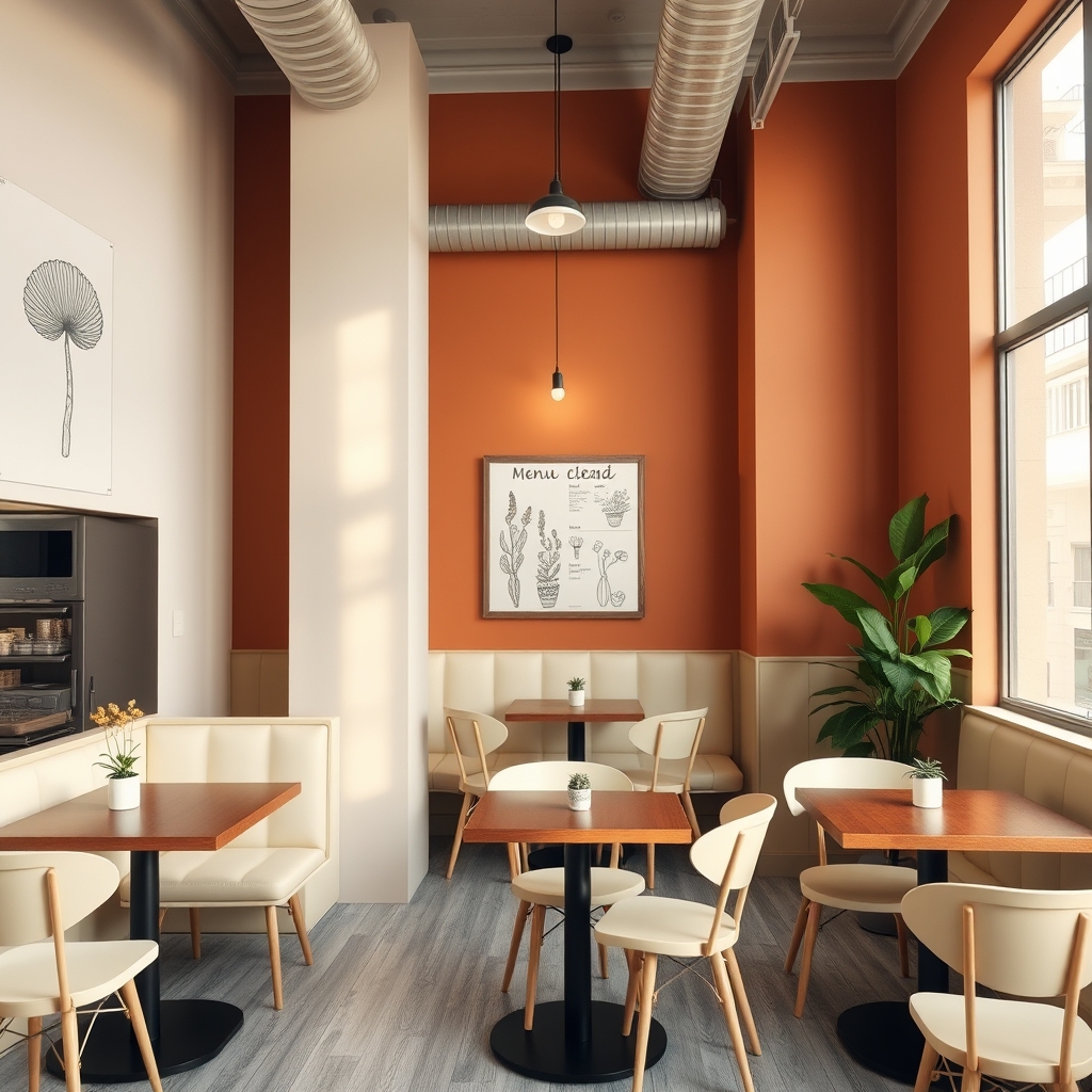A modern, cozy cafe interior with terracotta walls, cream-colored furniture, and hand-drawn illustrations of plants on the menu boards, natural lighting.