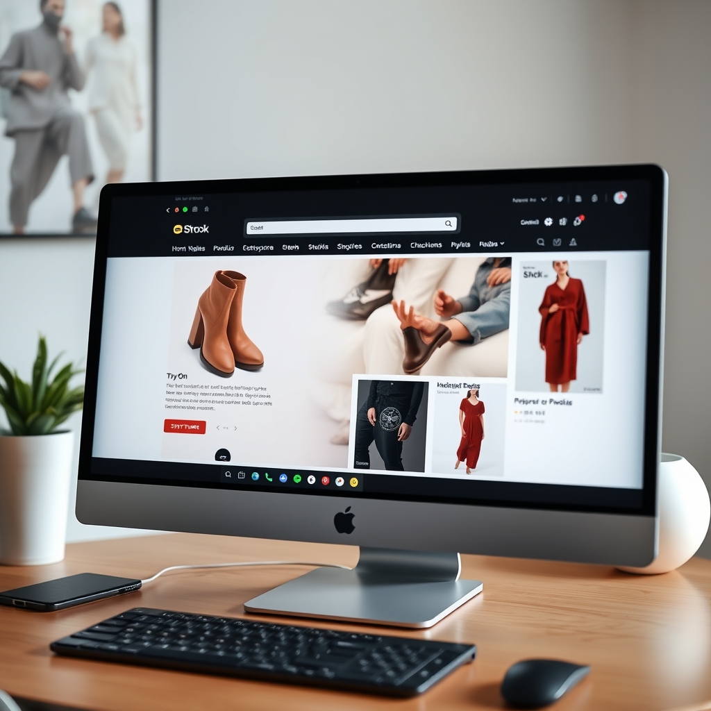 A sleek e-commerce website interface on a desktop screen, showing a personalized product recommendation section with interactive hover effects and a subtle AR 