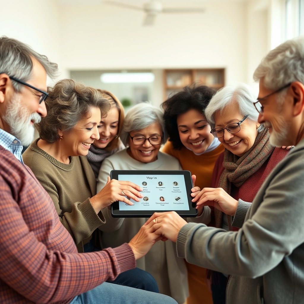 A diverse group of people of different ages and abilities interacting seamlessly with a tablet interface that shows large, clear buttons and high-contrast text, in a bright, welcoming environment.