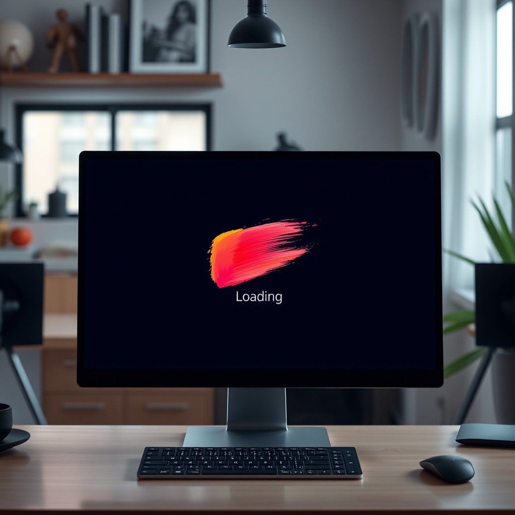 A sleek, minimalist website loading screen with an elegant, animated brushstroke that gradually fills the screen with color, viewed on a modern desktop in a cozy studio.