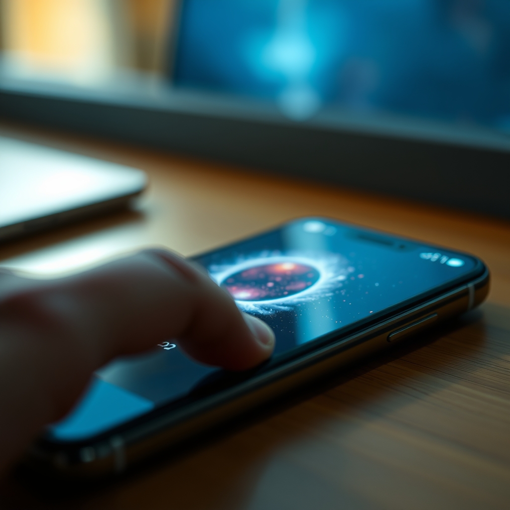 A close-up of a user's finger interacting with a smartphone screen where the loading animation is a playful, interactive galaxy that swirls with touch, in a warm, ambient lighting setting.