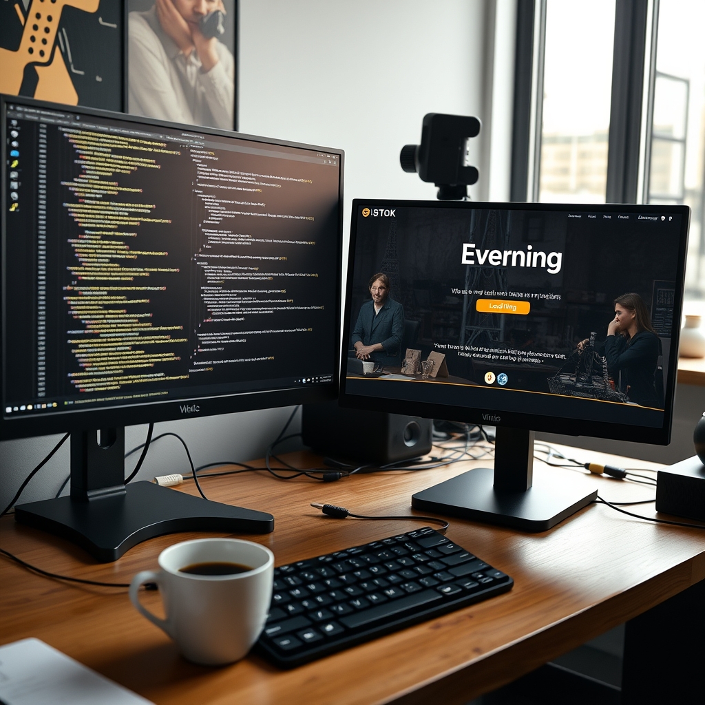 A designer's workspace with dual monitors, one showing code and the other displaying a sophisticated, final website loading animation that integrates seamlessly with the site's full design, with a cup of coffee beside the keyboard.