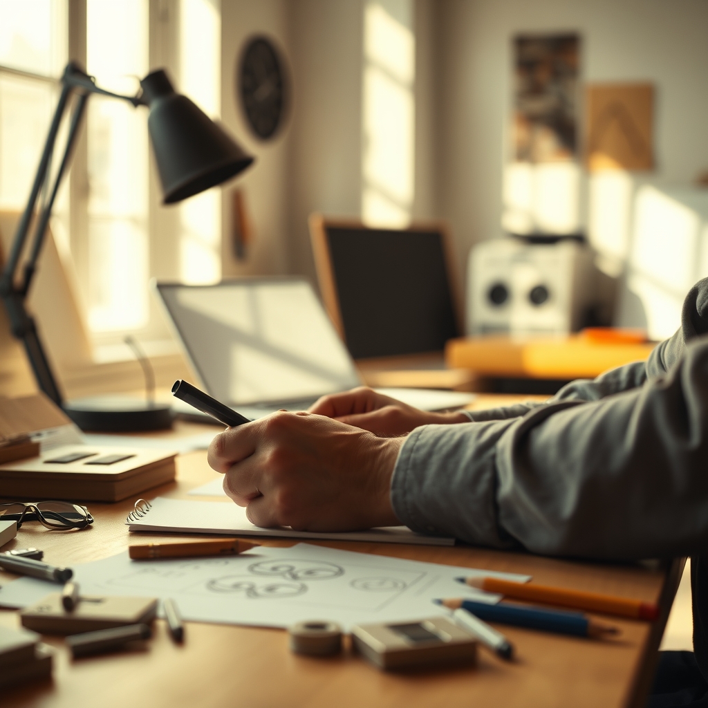 A warm, slightly grainy video clip showing hands sketching on paper in a sunlit, minimalist studio. The focus is on the movement and the early prototypes scattered on the desk.