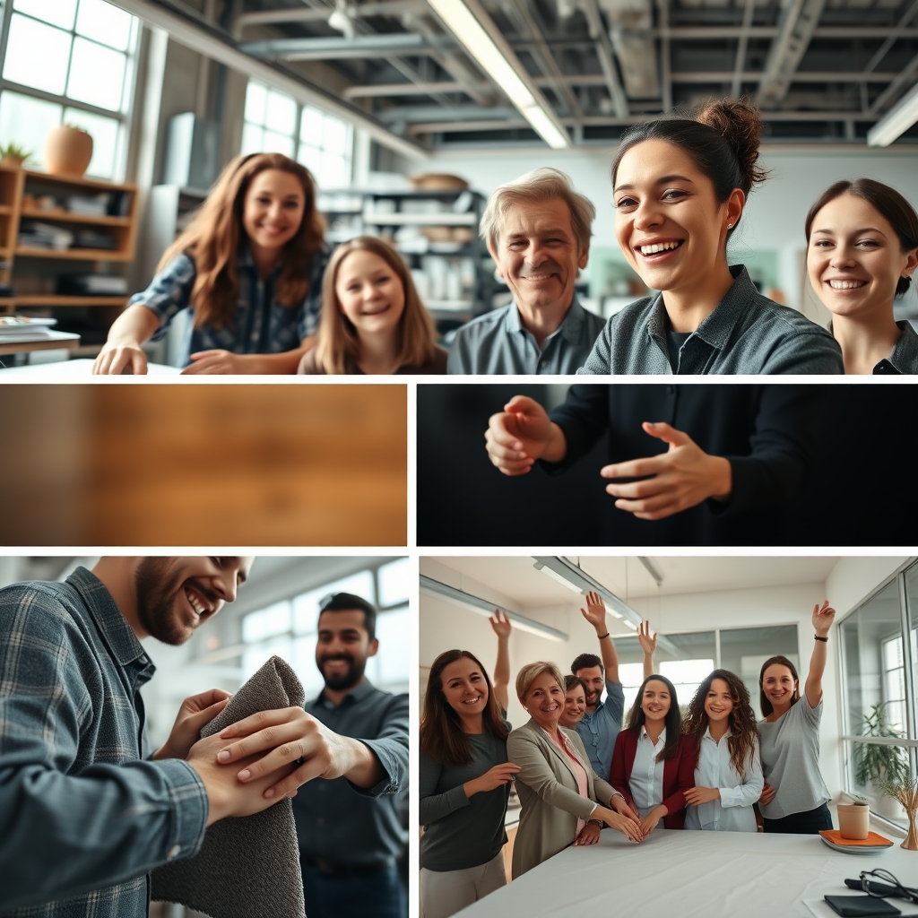 A montage of joyful, candid moments: people smiling at a workshop, close-ups of hands touching new fabric samples, a team celebrating in a bright, modern office.