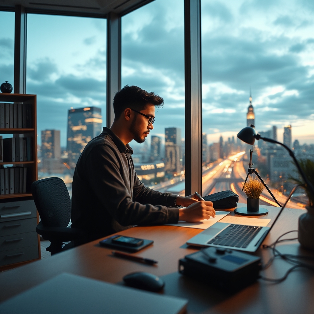 A serene, hopeful scene showing a current designer at work, blending with time-lapse footage of the cityscape outside a large window. The feeling is forward-looking and peaceful.