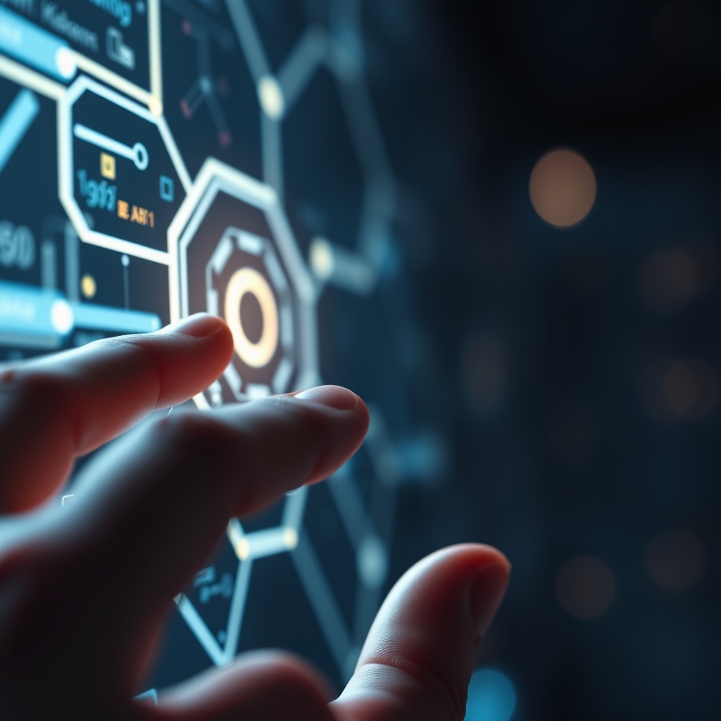 A close-up of a human hand gently touching the glowing, soft-light surface of a futuristic AI interface, symbolizing connection.