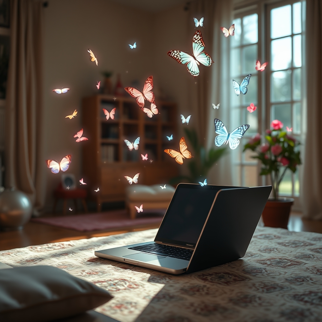 A cozy, sunlit room where digital data streams from a laptop gently transform into floating, glowing flowers and butterflies, representing emotional AI.