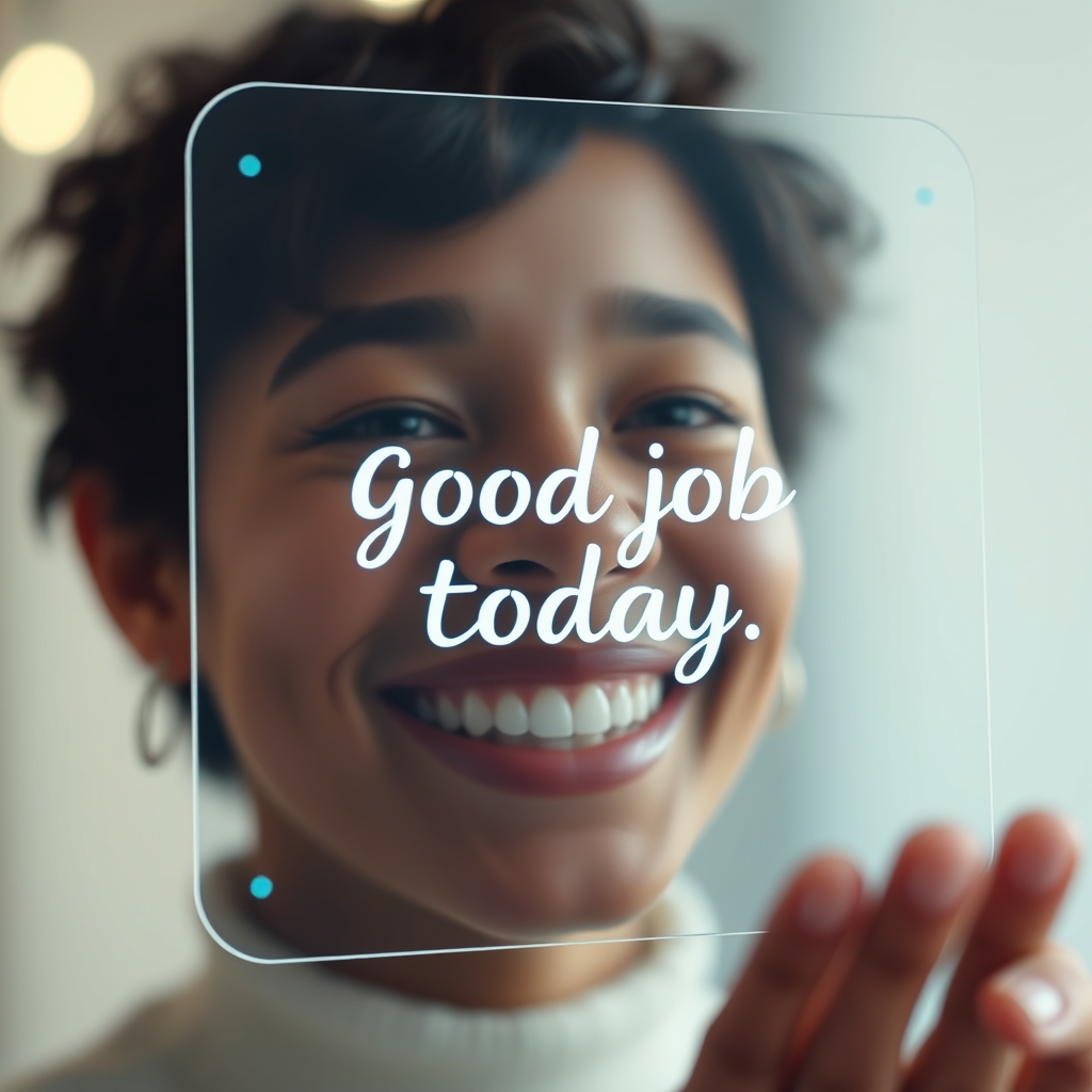 A person smiling while interacting with a transparent, holographic screen that shows a simple, heartwarming message like 