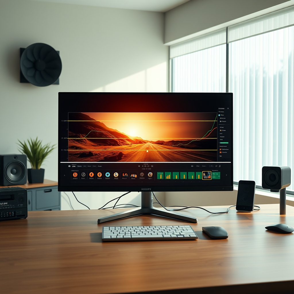 A serene, balanced video editing workspace with a large monitor showing an AI analyzing a video frame with overlaid golden ratio lines and color balance graphs.