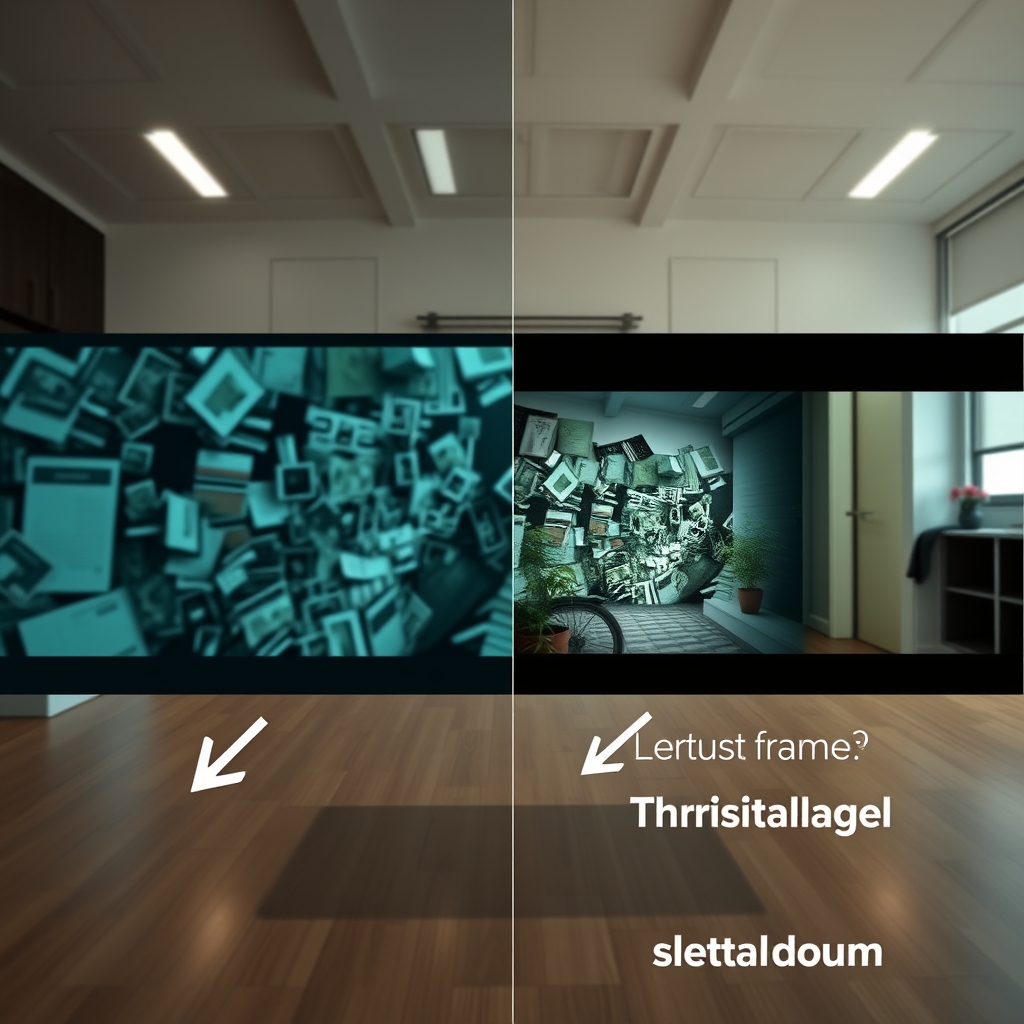 A split-screen showing a cluttered video frame on the left, and on the right, the same frame cleaned and balanced by AI suggestions, with arrows indicating visual flow.