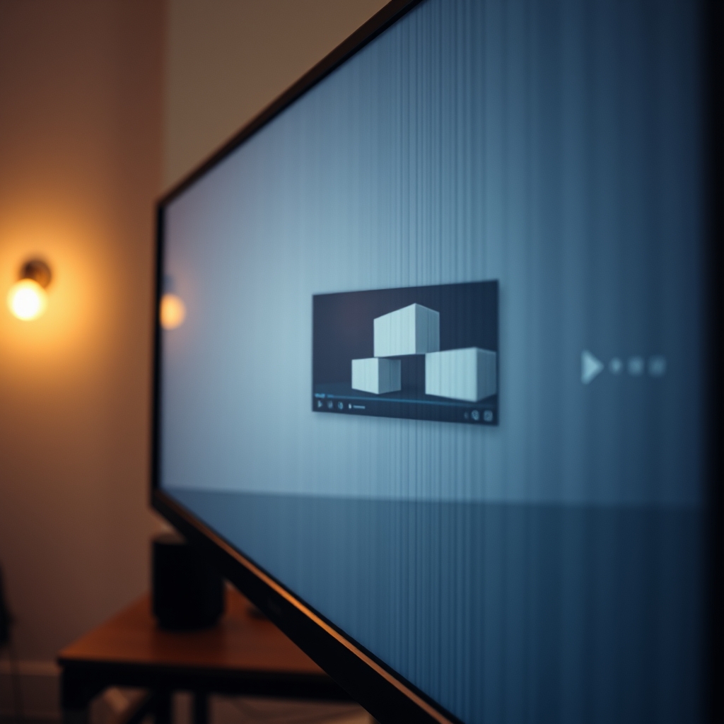A close-up of a minimalist product video on a sleek monitor, where a subtle glitch effect elegantly distorts the image for just a moment before returning to clarity.