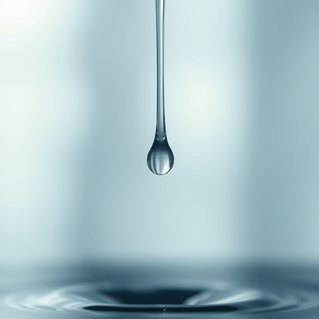 A serene brand video showing a water droplet falling in slow motion, with a subtle, dreamy light flare that follows its descent against a soft-focus background.