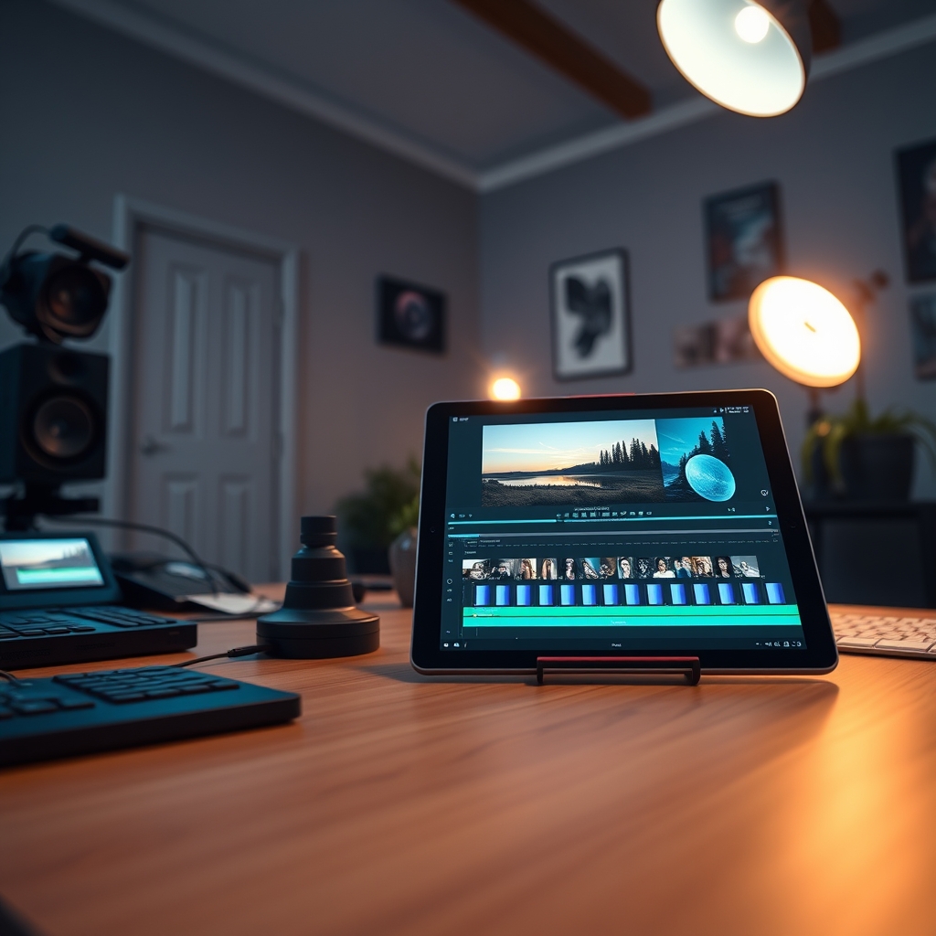 A designer's workspace at dusk, with a tablet showing a video editing timeline. The screen highlights a subtle chromatic aberration effect applied to a keyframe, with soft ambient lighting in the room.
