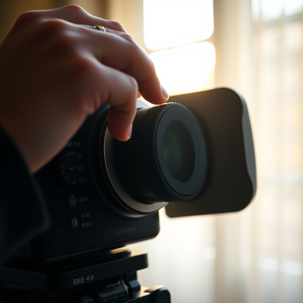 A close-up shot of hands gently adjusting the focus ring on a cinema camera, with soft morning light streaming in through a window, creating a warm and intimate atmosphere.