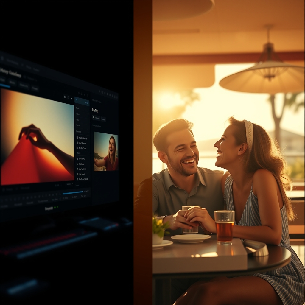 A split-screen showing a color grading software interface on one side, and on the other side, the final video scene of a couple laughing in a sun-drenched cafe, highlighting the emotional result of technical work.