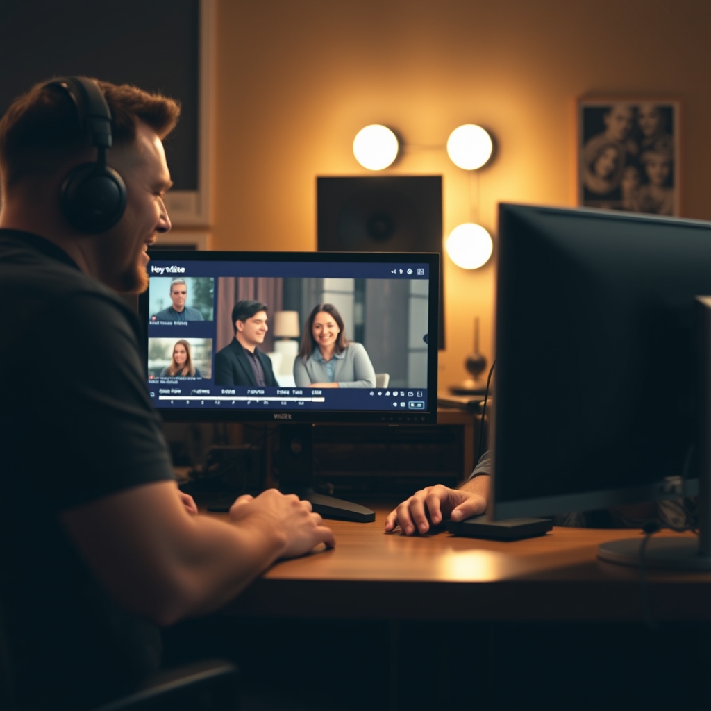 A director showing a playback on a monitor to a smiling client, their faces lit by the screen's glow in a cozy, collaborative editing suite environment.