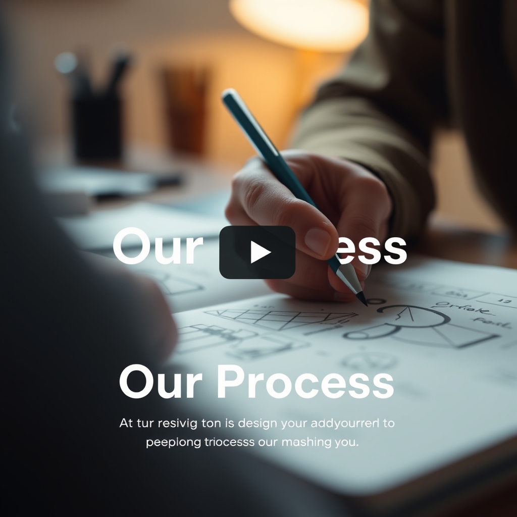 Close-up shot of a designer's hands sketching in a notebook, with the video used as a background in a website's 'Our Process' section, blending with text overlay.