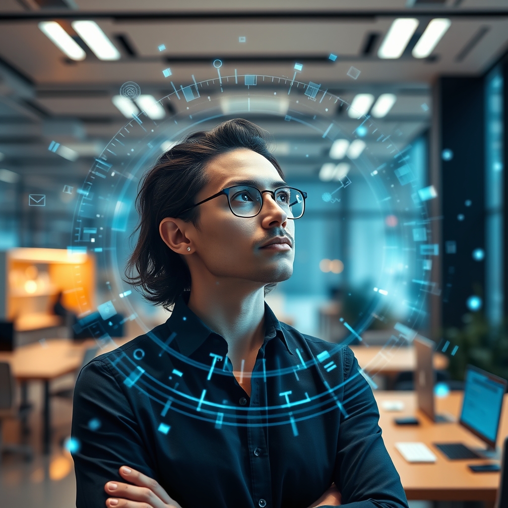 A creative professional looking thoughtfully at a holographic brand logo that is dynamically changing shapes and colors, surrounded by floating data visualizations in a sleek, modern office.