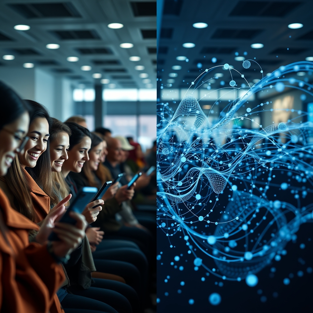 A split-screen showing on one side a diverse group of people smiling at their phones, each screen displaying uniquely personalized content, and on the other side, flowing streams of data forming into tailored product recommendations.