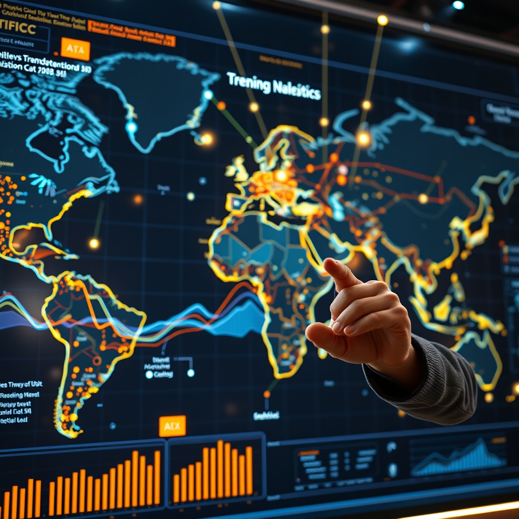A visionary brand strategist pointing at a large, interactive global map showing real-time trend waves and predictive analytics, with light beams connecting insights to future action plans.