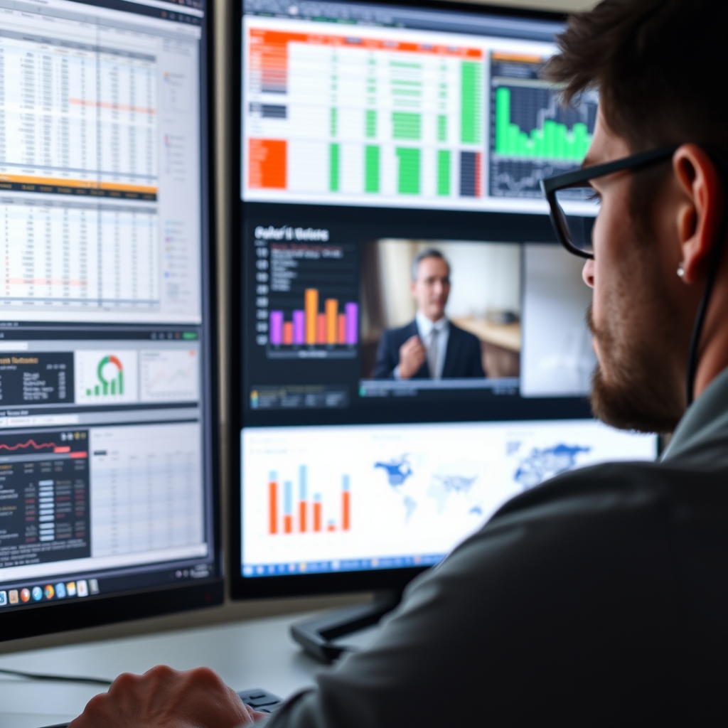 A person looking confused at a screen filled with complex spreadsheets and charts, while a simple, clear video plays on a secondary screen, capturing their attention.