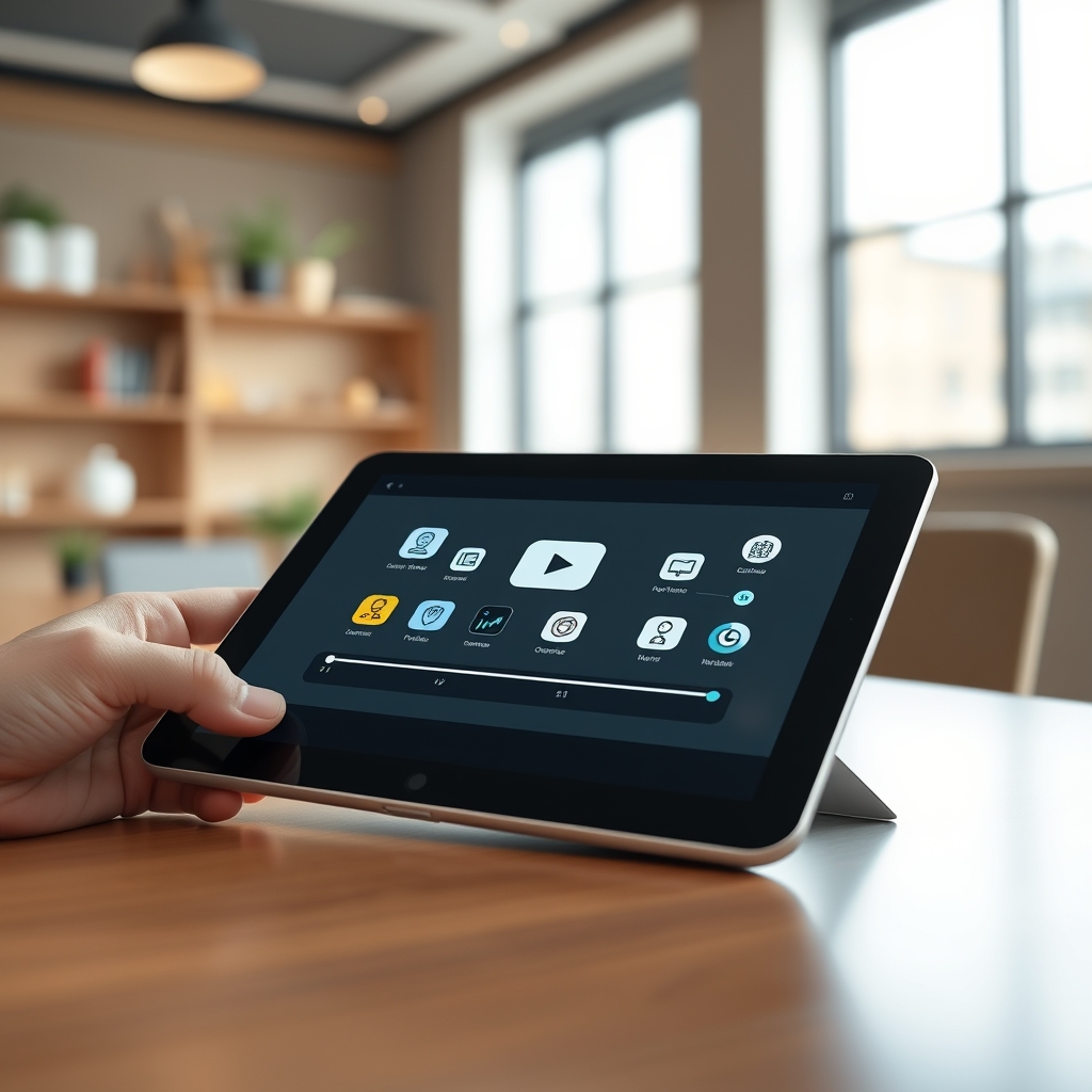 A sleek, modern tablet showing a short, animated explainer video with icons and smooth transitions, simplifying a complex business process.