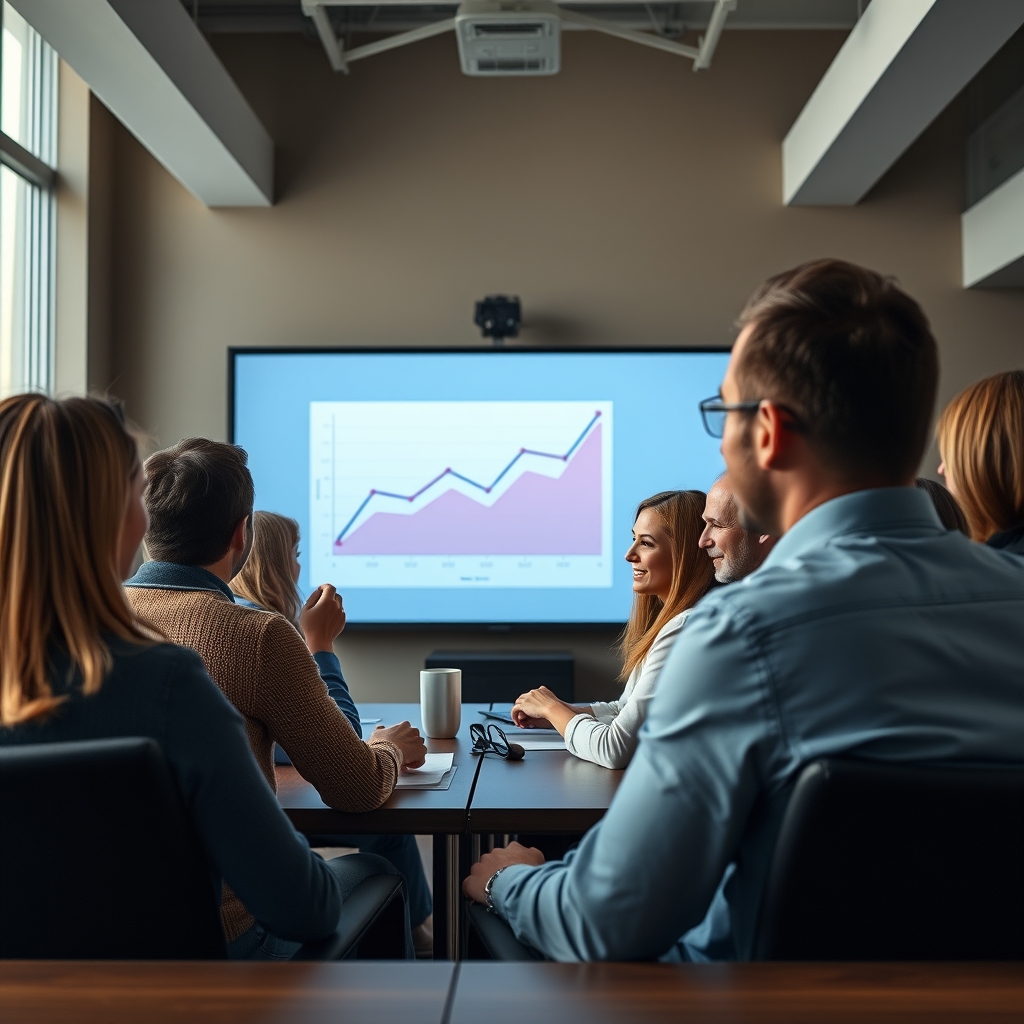 A diverse group of clients in a meeting, smiling and nodding as they watch a clear, engaging video presentation on a large screen, showing a graph transforming into an easy-to-understand animation.