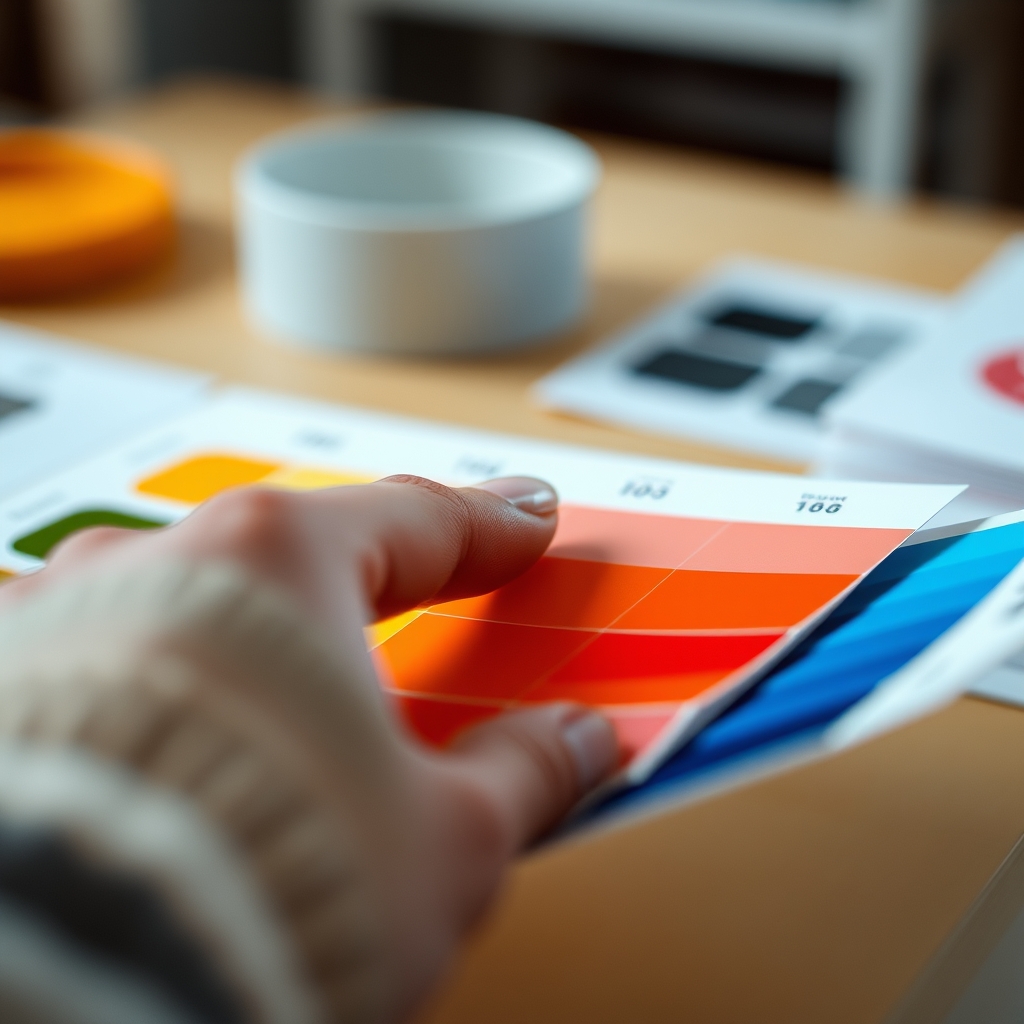 A close-up of a designer's hand thoughtfully selecting a single vibrant color swatch from a palette, with a soft, focused background.