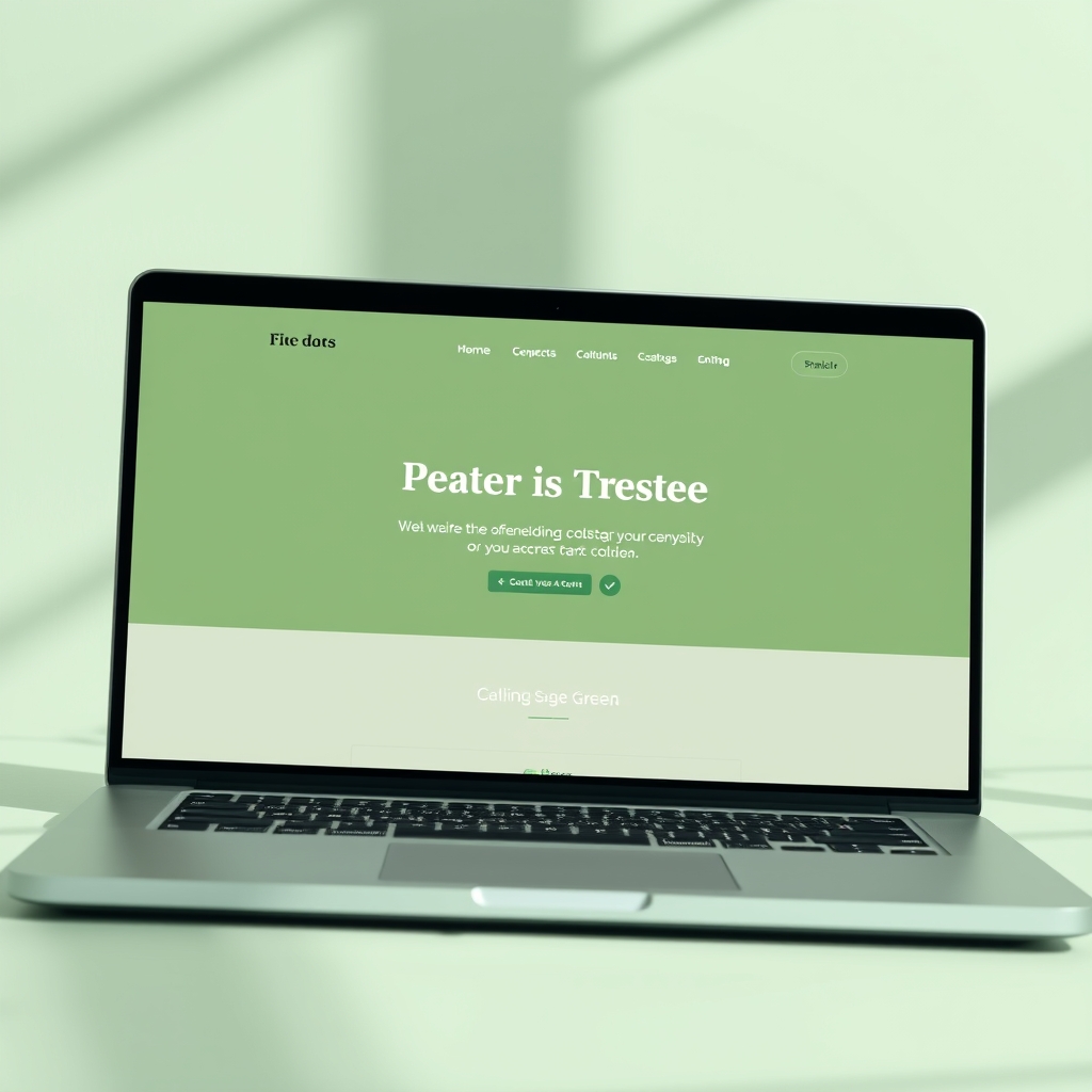 A minimalist website homepage on a laptop screen, featuring a dominant calming sage green color, evoking a sense of peace and sophistication.