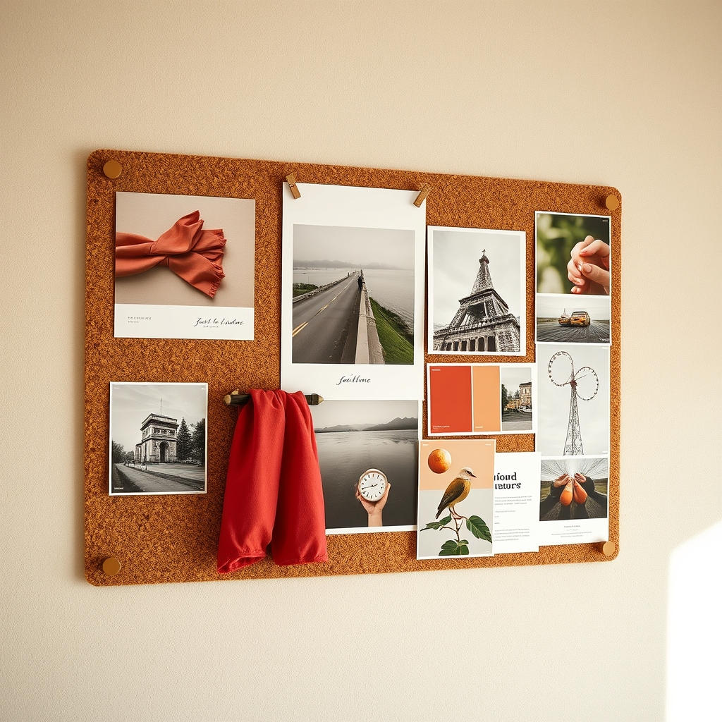 A stylish mood board pinned to a cork wall, showing a harmonious color scheme with fabric swatches, paint chips, and inspiring imagery.