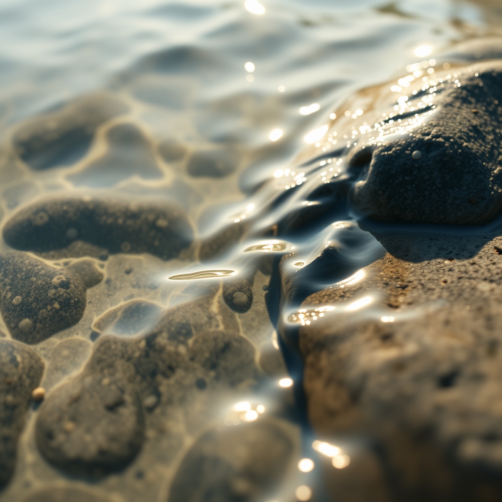 A close-up, slow-motion shot of clear water gently lapping against a smooth stone, with soft morning light filtering through.