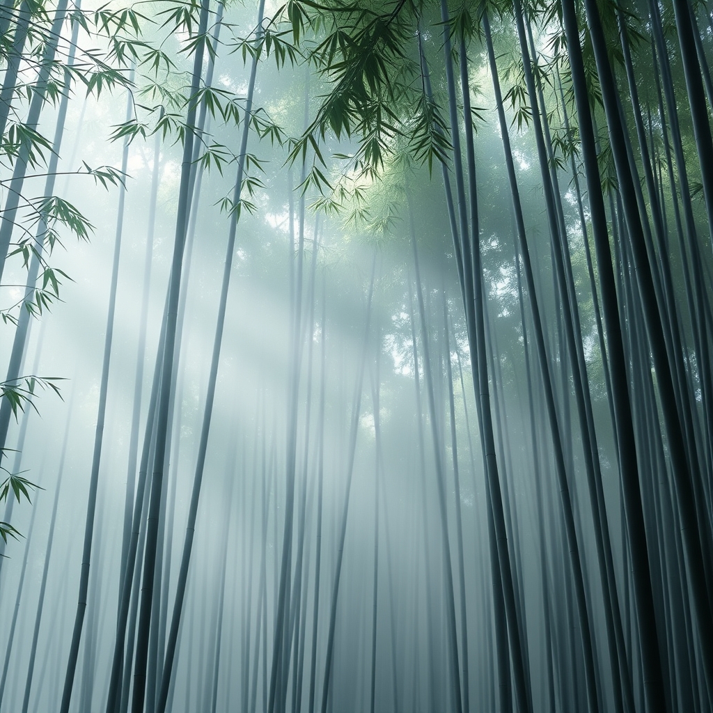 A minimalist website interface with a looping video background of mist moving slowly through a serene bamboo forest.