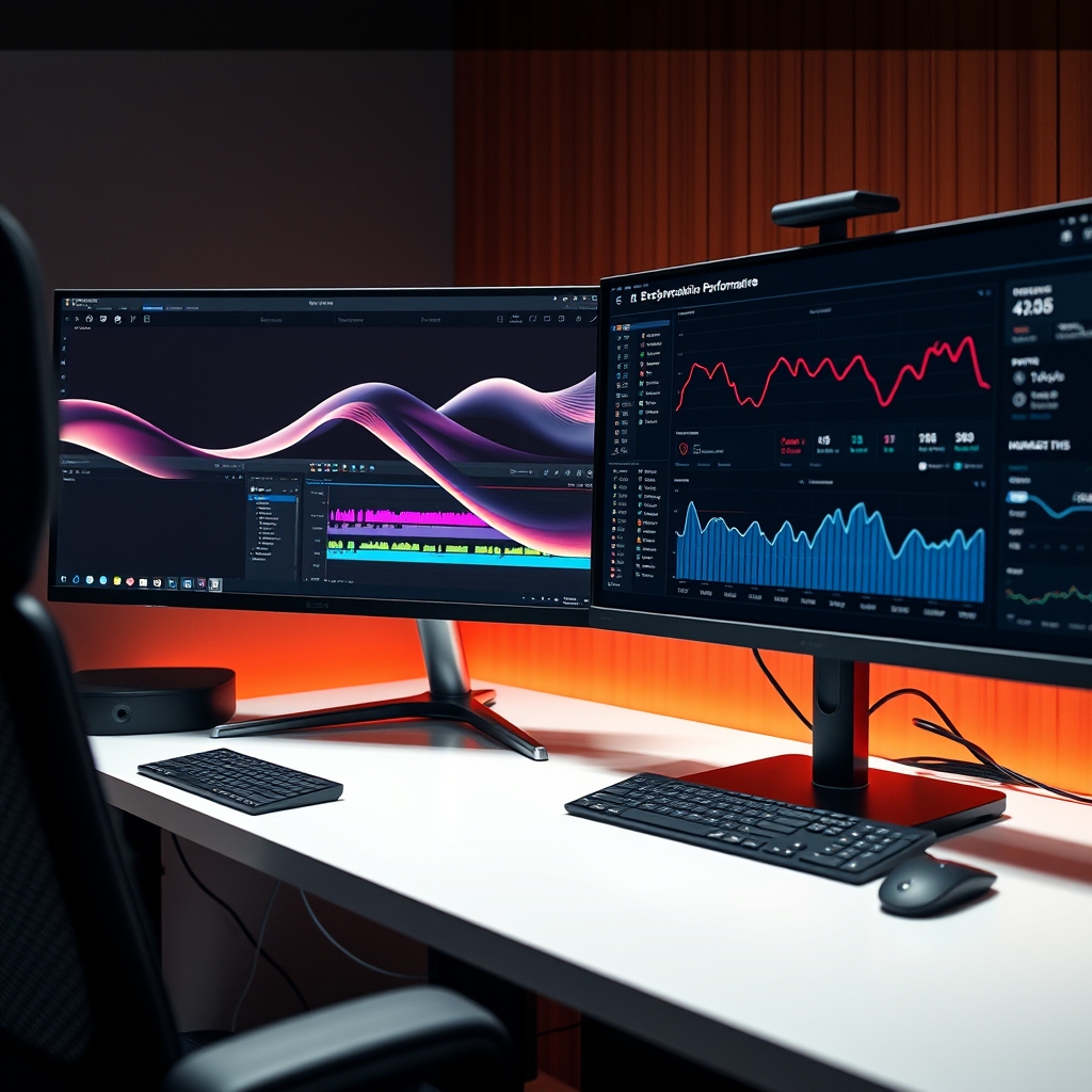 A designer's desk with dual monitors, one showing video editing software with a seamless looping wave animation, and the other displaying website performance metrics.