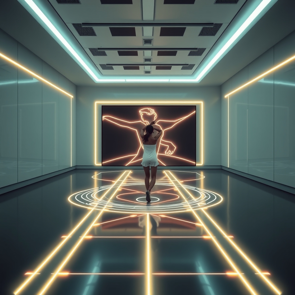 A sleek, futuristic studio where a dancer's movements are captured by glowing motion-sensor lines, creating a real-time digital art piece on a large screen.