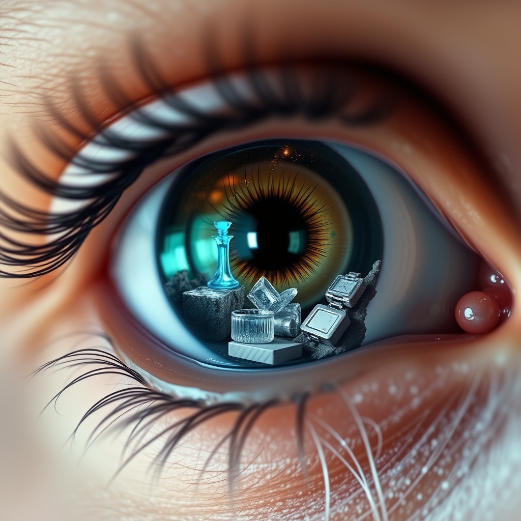 A close-up of a person's eye reflecting a microcosmic, fantastical world where product features blend seamlessly with natural elements like growing crystals and flowing water.